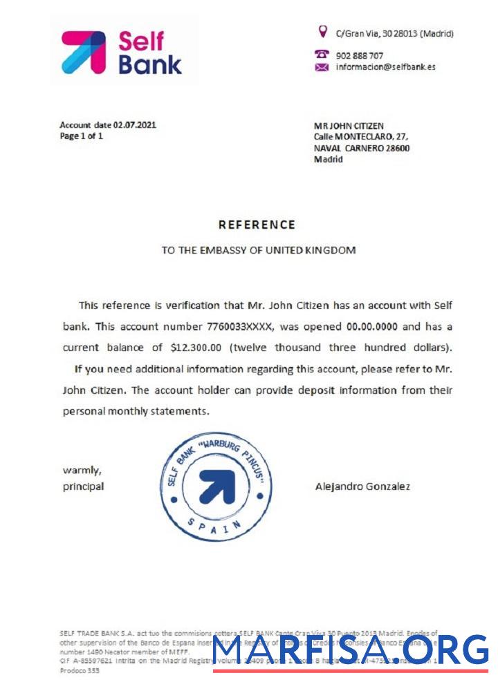 Printable Spain Self bank reference real example
